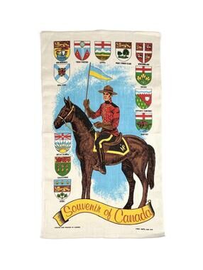 Royal Canadian Mounted Police Souvenir Linen Tea Towel Provincial Coat of Arms